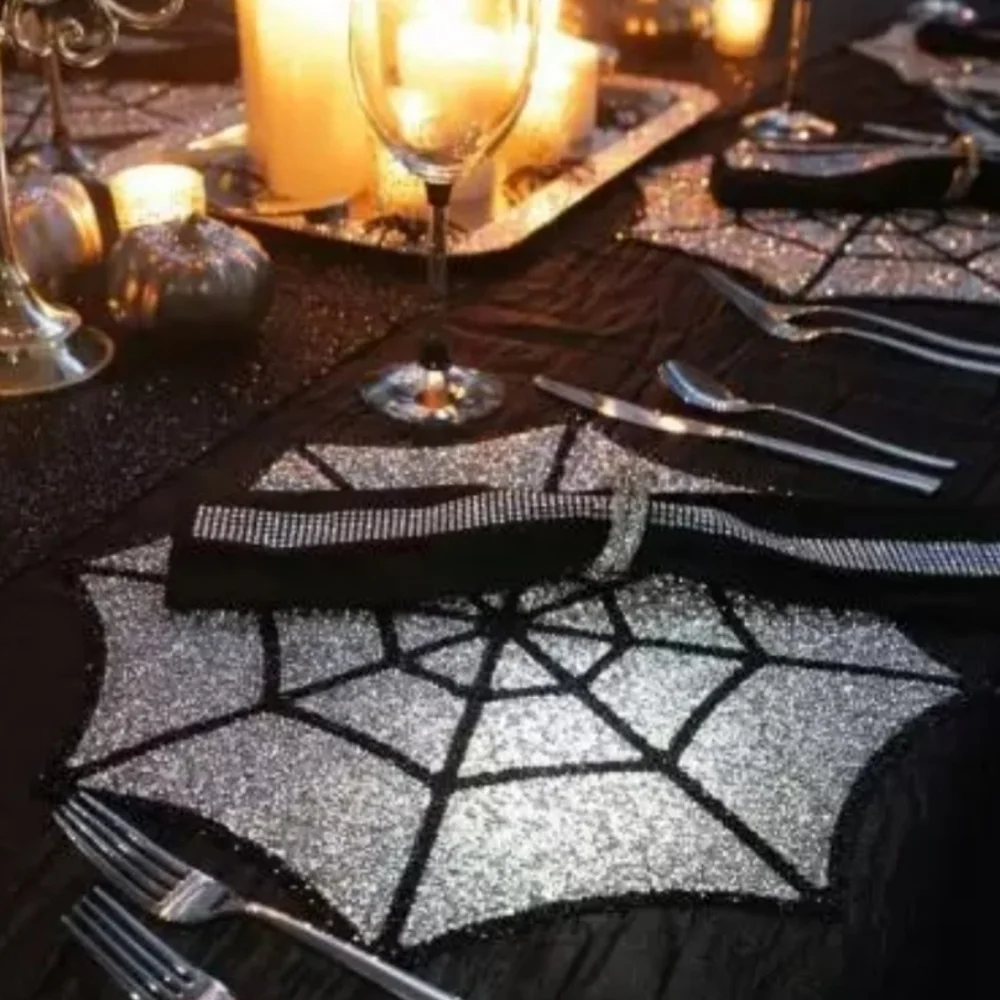 x4 Sparkles Home Spider Web Halloween Luminous Rhinestone Placemats Charger Set